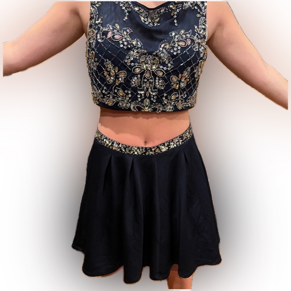 Homecoming Crystal Doll Blue Embellished Fit and Flare Dress, prom dress